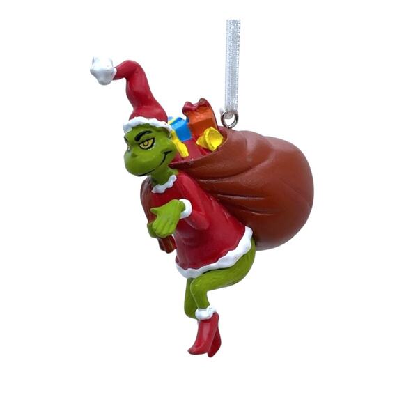 NWT Official Grinch Dr Seuss Christmas Tree Ornament Holding Toy Bag Hallmark - Picture 1 of 4